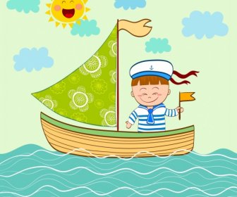 Viaggio In Barca A Vela Del Disegno Icone Cartoon Design Ragazzo