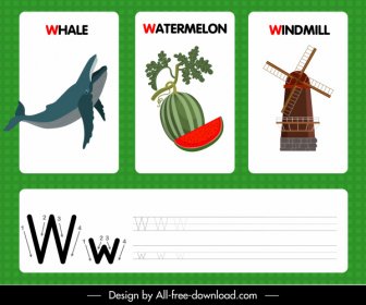 W Alphabet Lehre Vorlage Wal Wassermelone Windmühle Skizze