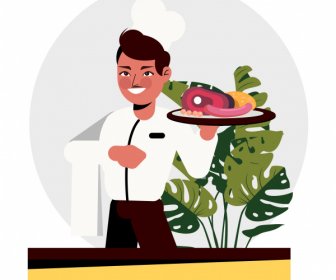 Waiter Icon Elegant Man Food Sketch Cartoon Character