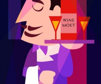 Waiter Icon Wine Bottle Glass Decoration Colored Cartoon
