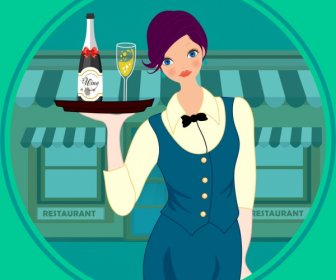 Waitress Icon Elegant Costume Colored Cartoon Character