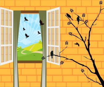 Le Modèle 3d Fenêtre Arbre Mur Décor Oiseaux Icônes