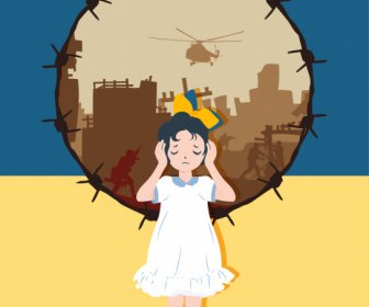 戦争ポスターテンプレートかわいい女の子の被害シーンウクライナの旗の装飾