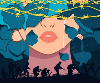 Template Poster Perang Siluet Tentara Tersembunyi Menangis Lady Wajah Sketsa Bunga
