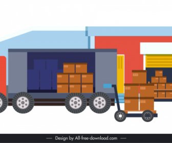 Warehouse Work Design Elements Truck Forklift Goods Flat Outline