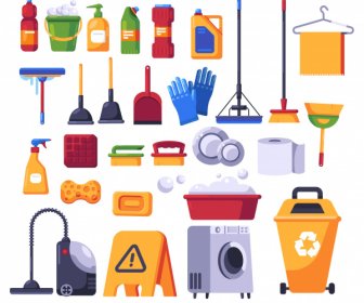 Washing Tools Icons Colorful Flat Sketch