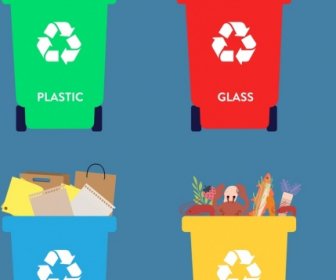 Waste Classification Icons Collection Multicolored Design Dustbin Icons