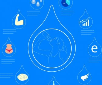 Water Benefit Infographic Various Blue Flat Icons Decoration