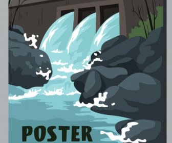 물 댐 건축 포스터 모션 만화 스케치
