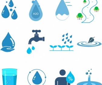 Wasser Design-Elemente Verschiedene Blaue Symbole