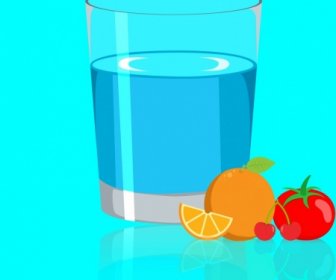Water Glass Advertisement 3d Colored Design Fruits Icons
