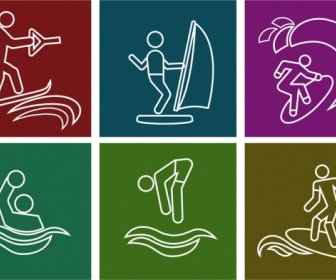 Sporty Wodne Ikon Kolekcji Białe Sylwetki Symbole Izolacji