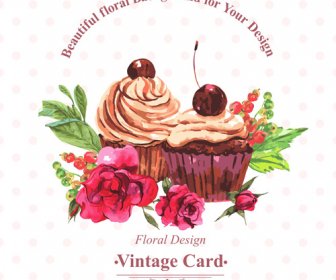 Watercolor Cupcakes With Vintage Card Vector
