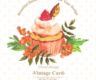 Cupcakes Em Aquarela Com Vetor Vintage Cartão