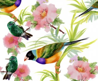 Watercolor Drawn Birds With Flowers Vector Design