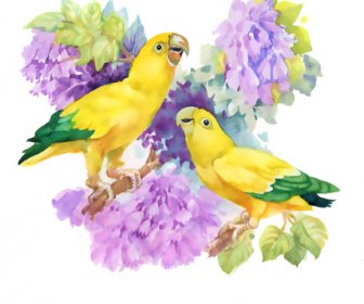 Sulu Boya çizilmiş Kuşları çiçekler Vektör Tasarımı Ile