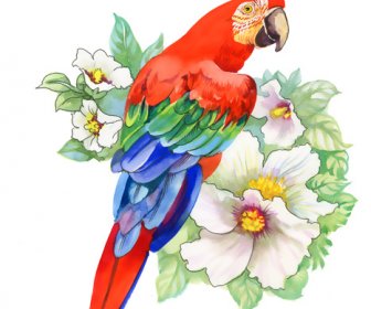 花のベクトルのデザインで描かれた水彩羽の鳥