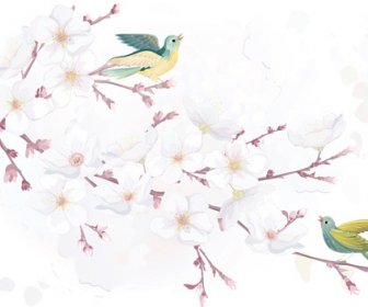 Watercolor Flowers And Birds Vector