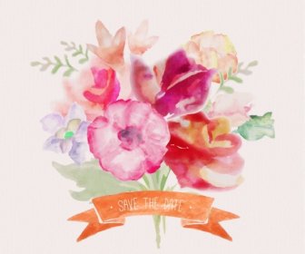 Watercolor Flowers With Ribbon Vectors