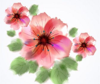 Sulu Boya Pembe çiçek El çizilmiş Vektör