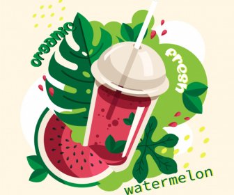 Watermelon Juice Advertising Banner Colorful Flat Classic Sketch