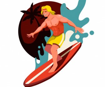 Wave Surfing Sport Icon Dynamic Cartoon Sketch