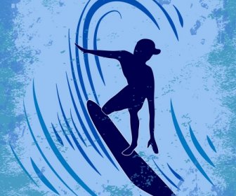 Surfing Gelombang Olahraga Latar Belakang Kumuh Retro Siluet Dekorasi