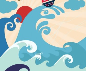 Wehende Zeichnung Große Meereswellen Boot Symbole Dekor