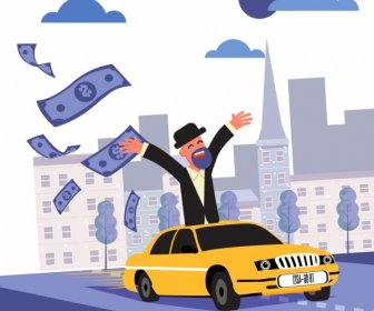 Wealth Background Man Car Flying Money Icons