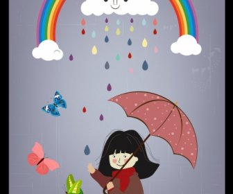 Weather Background Girl Rainbow Stylized Clouds Umbrella Icons