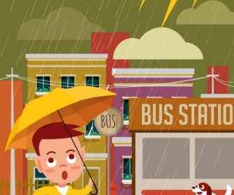 天気予報背景の子供傘雨アイコン漫画のデザイン