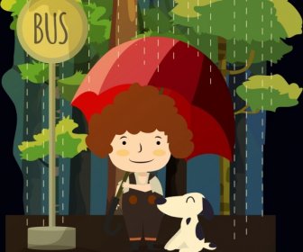ícones De Cão Do Guarda-chuva De Garoto Chuva Do Tempo Fundo