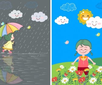 Cuaca Hujan Cerah Ikon Kartun Latar Belakang Berwarna
