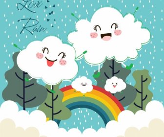 Weather Background Stylized Cloud Rain Rainbow Icons