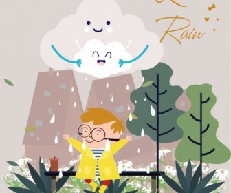 Weather Background Stylized Clouds Rain Kids Icons