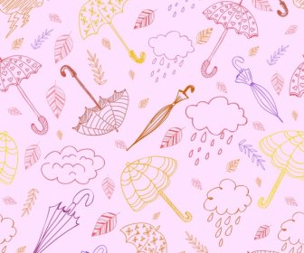 Weather Background Umbrella Cloud Icons Repeating Handdrawn Sketch