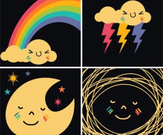 Weather Design Elements Rainbow Cloud Moon Lightning Icons