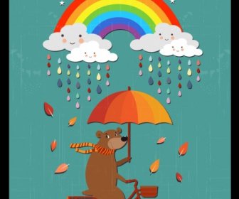 Cuaca Menggambar Bergaya Beruang Awan Pelangi Hujan Ikon