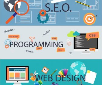 Web Development Concepts Illustration In Horizontal Color Banners