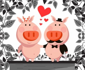 Mariage Fond Mignon Cochons Couple Icône Stylisé Dessin Animé