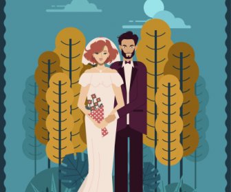 Düğün Afiş Klasik Tasarım çift Simgesi çizgi Film Karakterleri