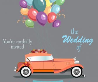 ヴィンテージ車、風船と結婚式のバナー デザイン