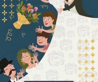 Wedding Banner Groom Bride Guests Icons Cartoon Design