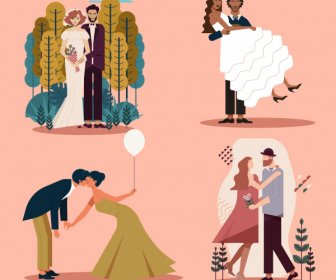 عناصر تصميم بطاقة الزفاف الكلاسيكية الأزواج الزواج رسم