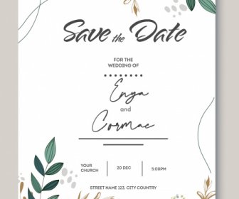 Wedding Card Template Bright Classic Leaves Decor