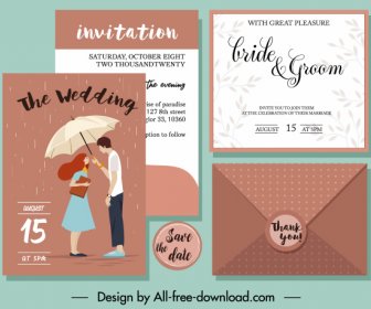 Wedding Card Template Classical Design Couple Rain Icons