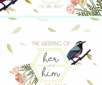 Wedding Card Template Flowers Sparrow Icons Multicolored Decor