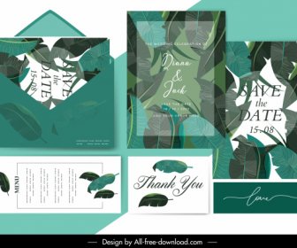 Wedding Card Template Green Leaf Decor Blurred Design