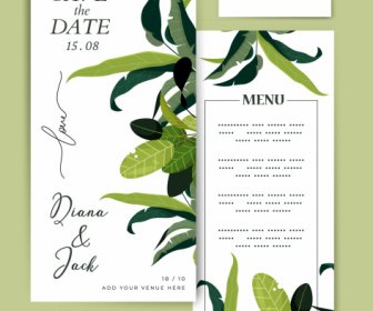 Wedding Card Template Green White Elegant Leaves Decor