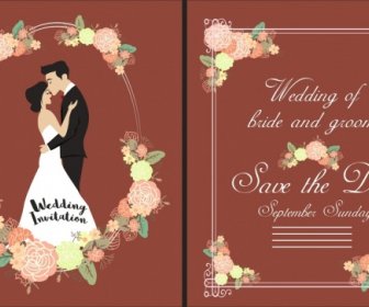 Wedding Card Template Groom Bride Flowers Icons Ornament